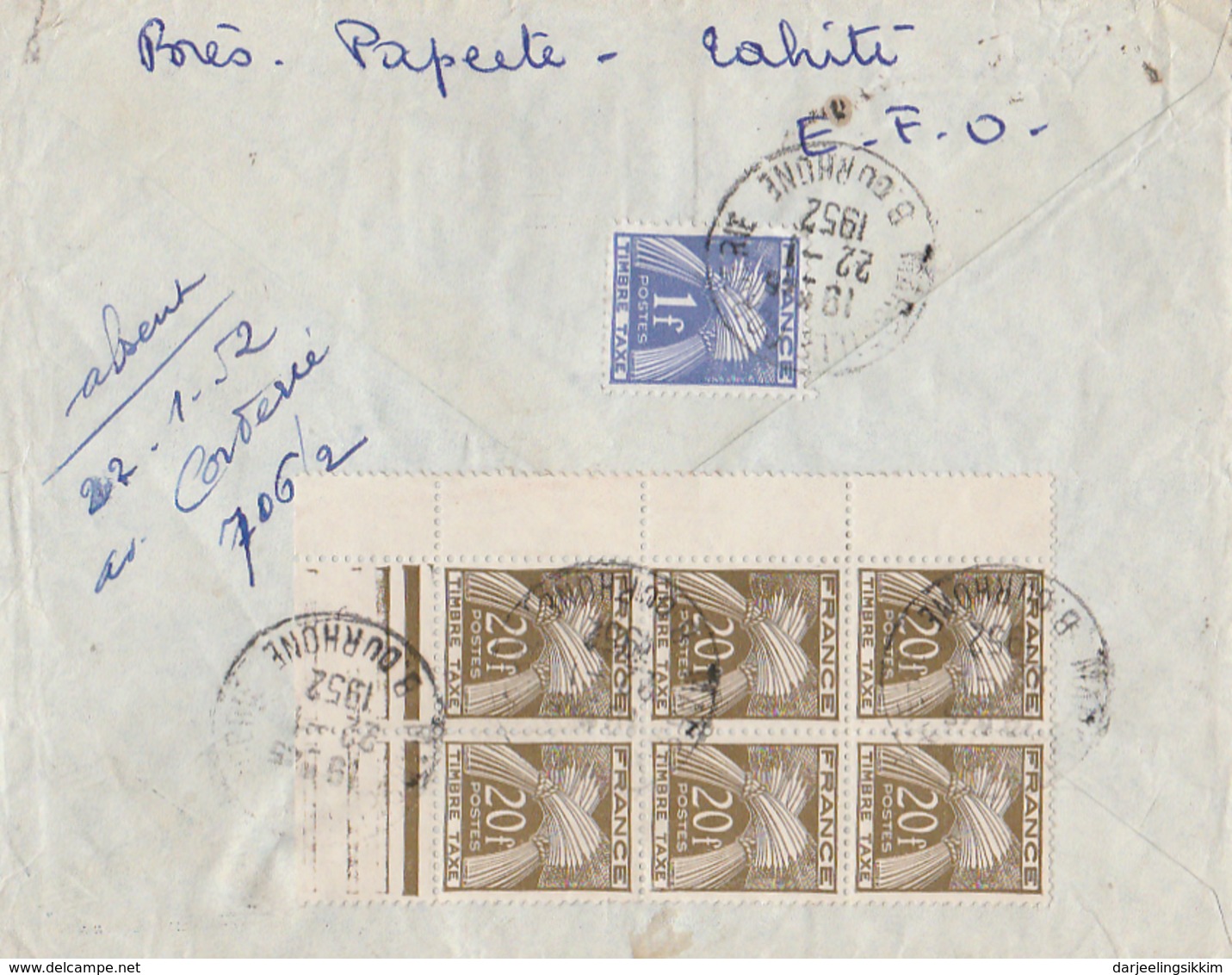 Océanie Lettre De 1952, Taxée, Vers La France Avec Poste 194 Et 197 Plus Taxe 81 ( 2 ), 87 ( 7 ), 88 ( 2 ) France. Rare - Lettres & Documents