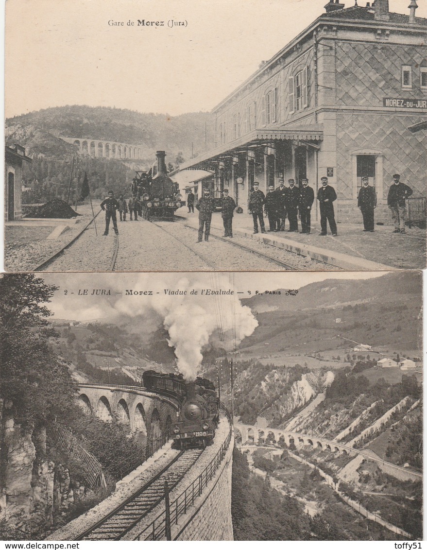 2 CPA:MOREZ (39) TRAIN SUR LE VIADUC DE L'ÉVALUDE,TRAIN EN GARE GROUPE DE CONTRÔLEURS - Morez