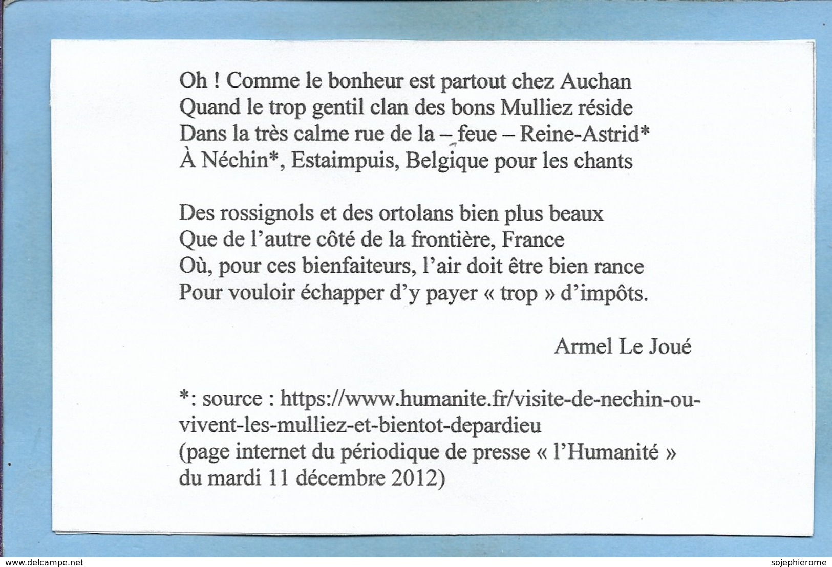 Estaimpuis (Hainaut) Néchin Poème Sur Auchan-Mulliez D'Armel Le Joué 2 Scans (CPM Format CPA) - Estaimpuis