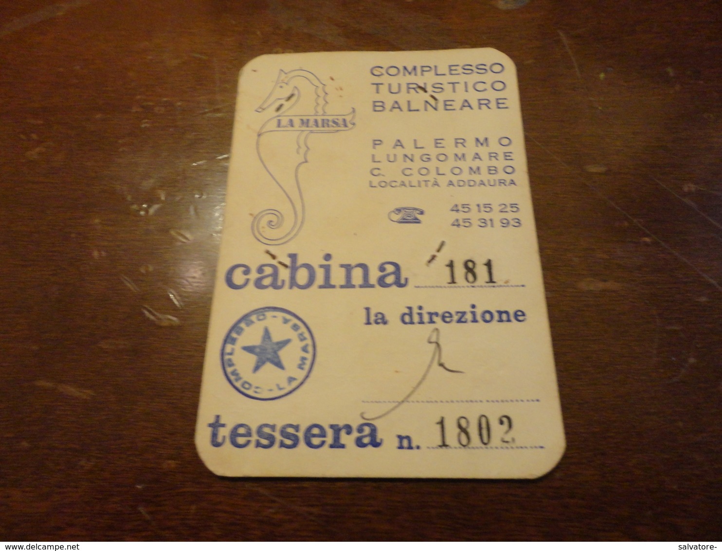 TESSERA INGRESSO CABINA COMPLESSO TURISTICO LA MARSA LOCALITA' ADDAURA PALERMO- STAGIONE BALNEARE  1973 - Biglietti D'ingresso