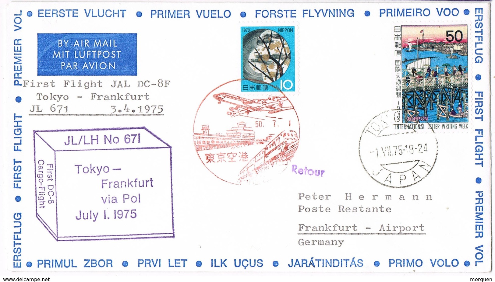 31978. Carta First Flight JL 671, TOKYO (Japon) 1975.  JAL Tokyo- Frankfurt Via POL - Airmail