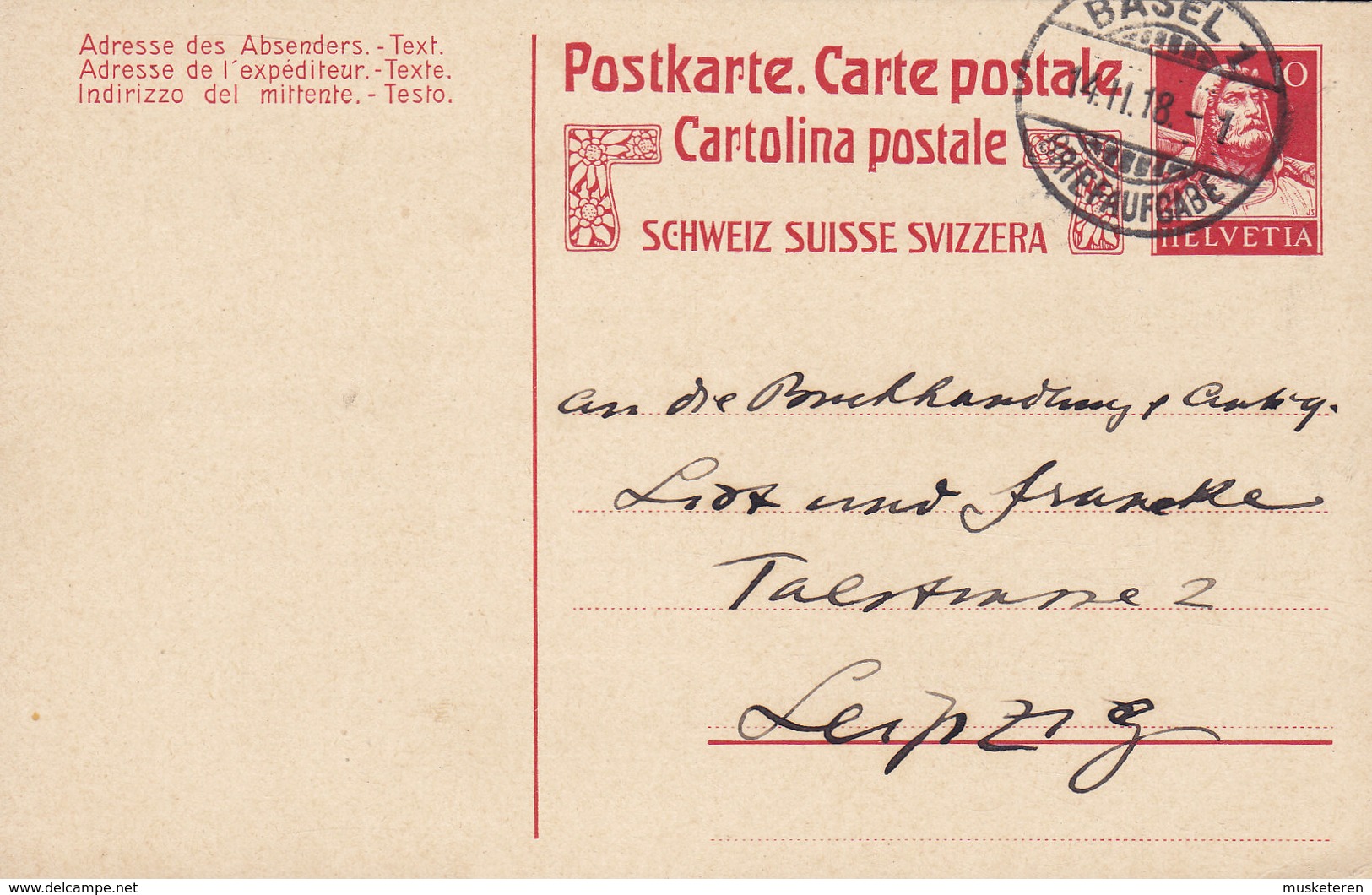 Switzerland Postal Stationery Ganzsache 10c. Tell BASEL Briefausgabe 1918 LEIPZIG Germany BASEL STADTSARCHIV !! - Entiers Postaux