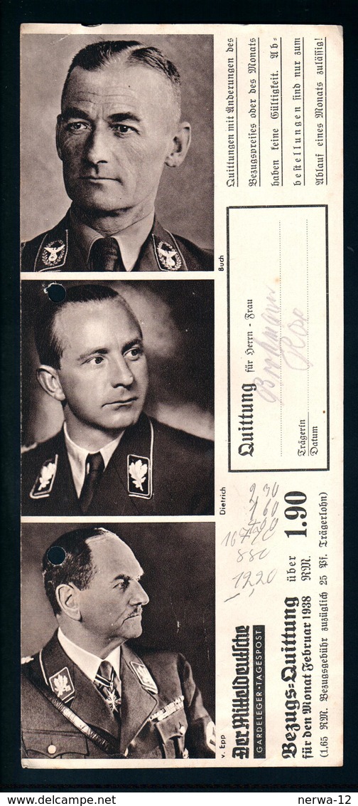 Militaria 2. Weltkrieg Foto Von Funktionären Im 3. Reich Auf Bezugs-Quittung Der Mitteldeutschen Zeitung Von 1938 - 1939-45