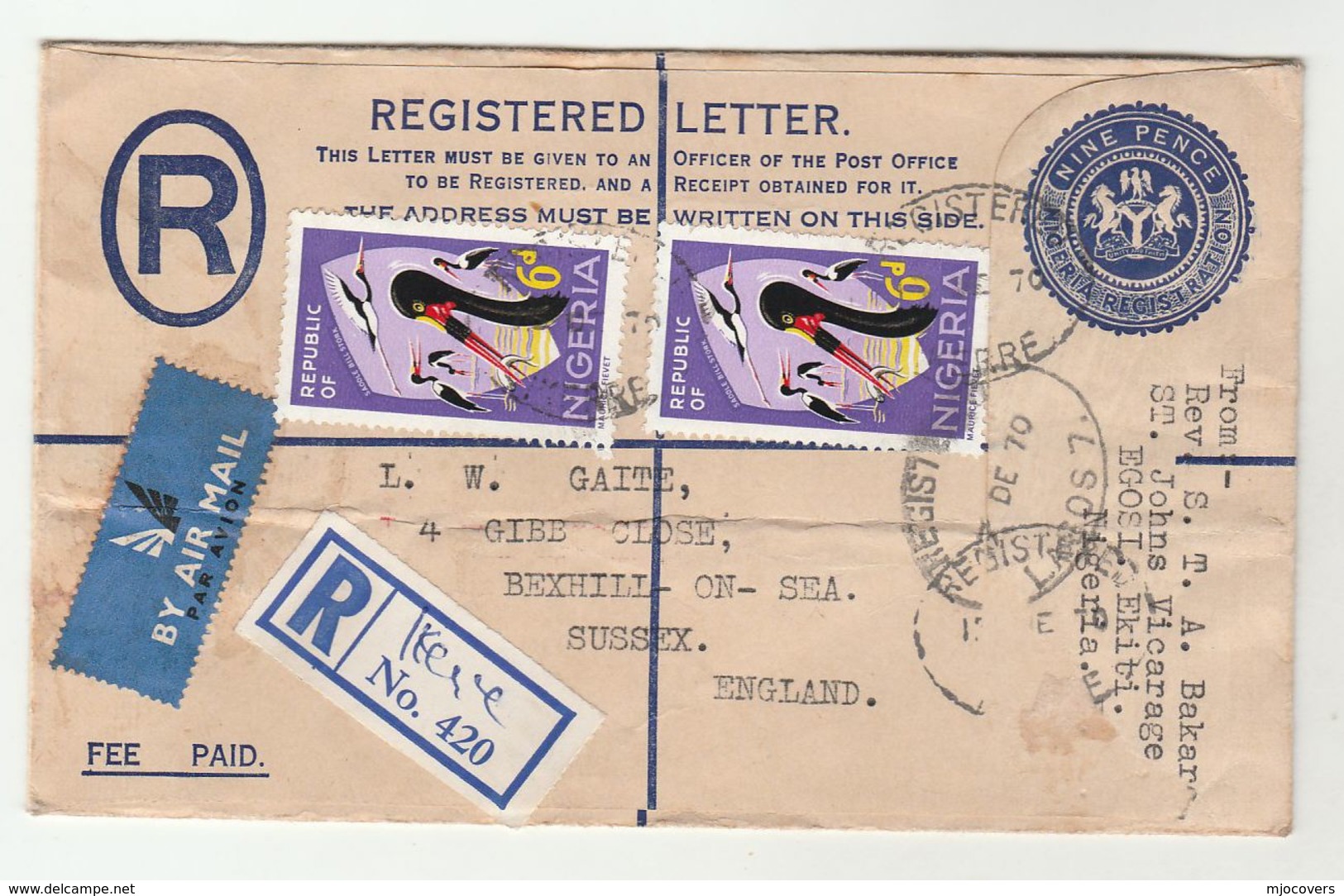 1970 REGISTERED Uprated POSTAL STATIONERY COVER Ikerre NIGERIA To Bexhill On Sea GB From  ST JOHN VICARAGE EGOSI Stamps - Nigeria (1961-...)