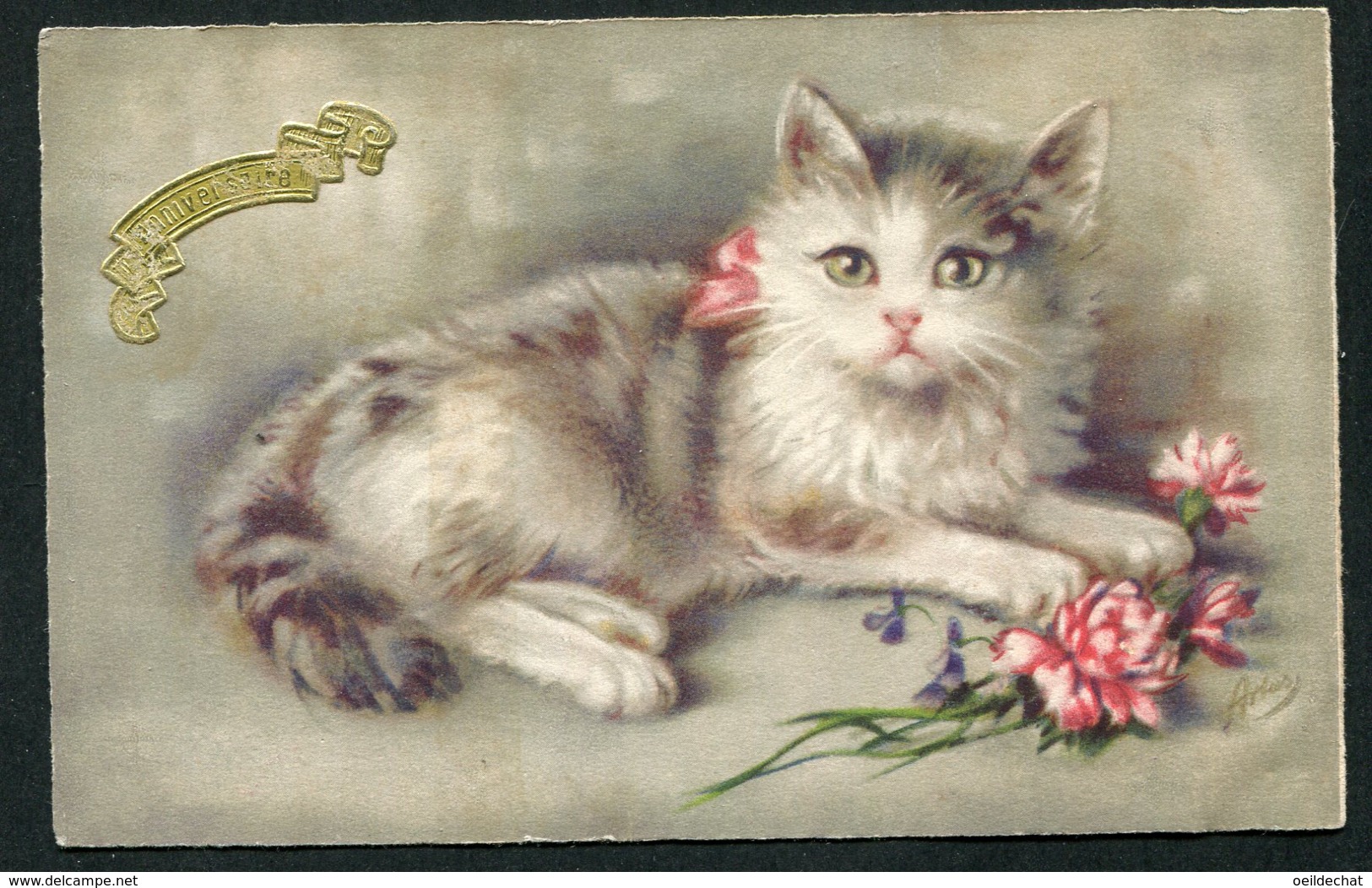 11445  CPA  Anniversaire  Chat Et Fleurs - Geburtstag