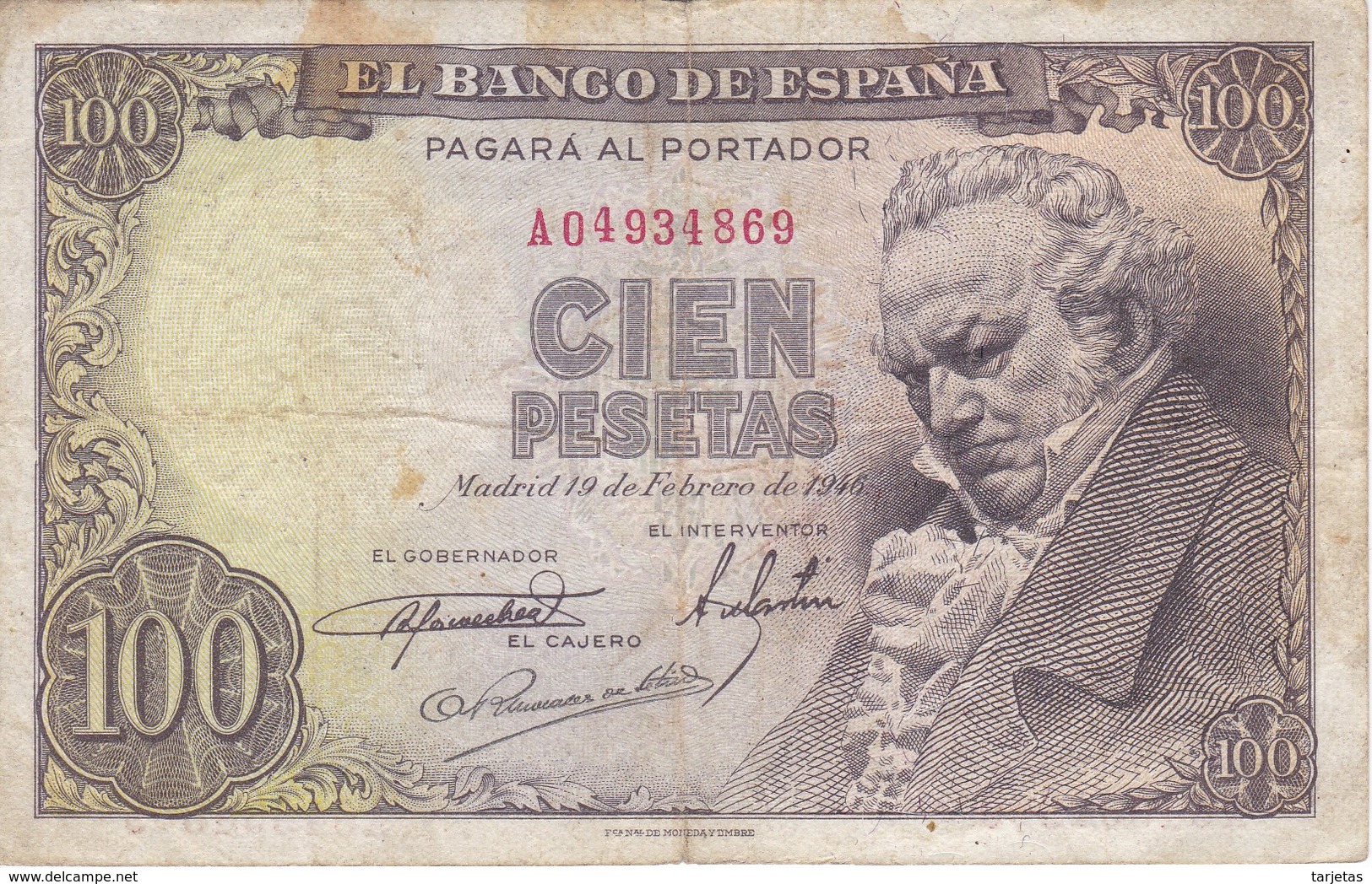 BILLETE DE ESPAÑA DE 100 PTAS 19/02/1946 SERIE A (BANK NOTE) GOYA - 100 Pesetas