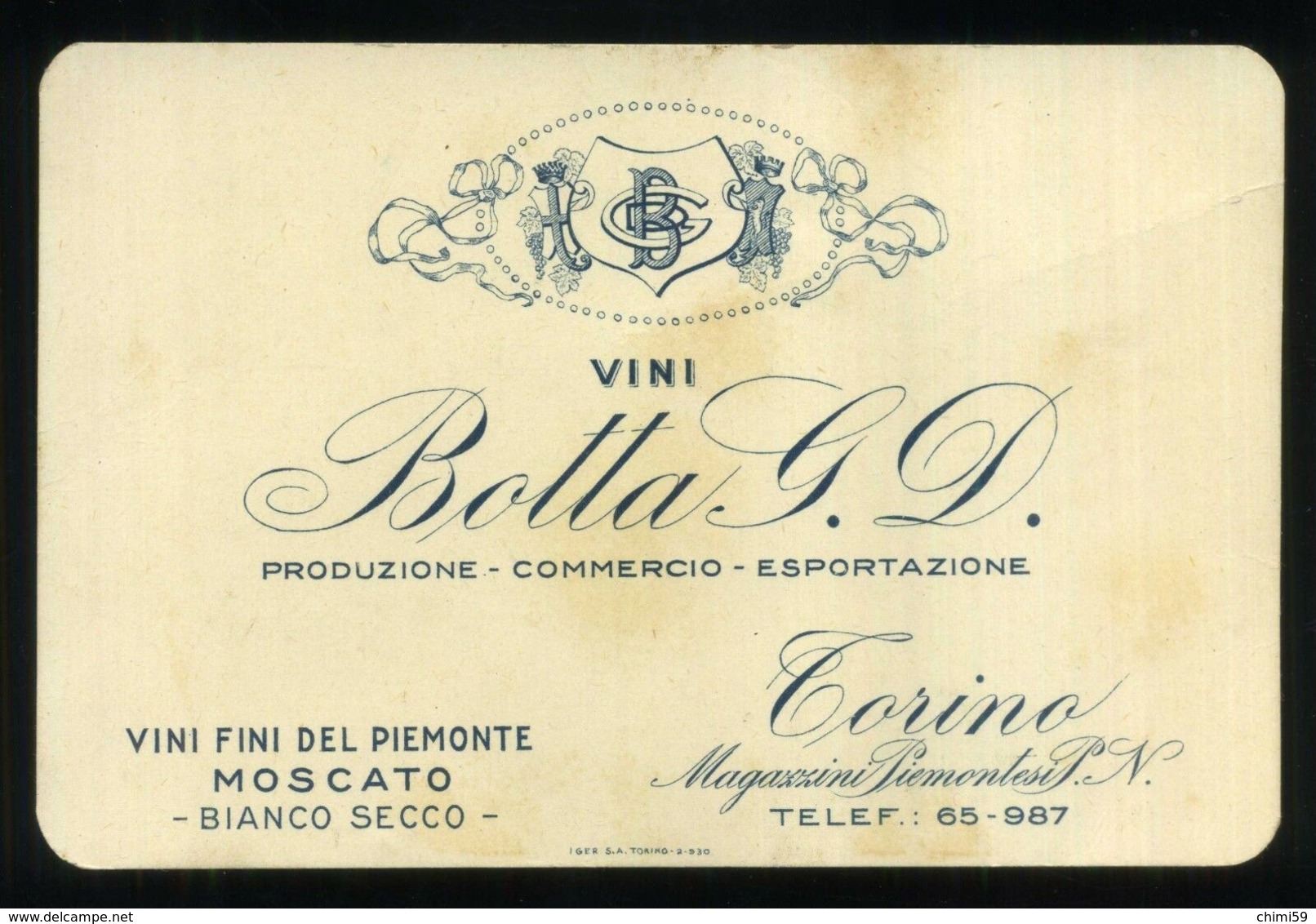 VINO UVA - MOSCATO - TORINO - VINO - "BOTTA G. D." Vini Fini Del Piemonte - Cartoncino Cm.12,5 X 8,5 - Italia