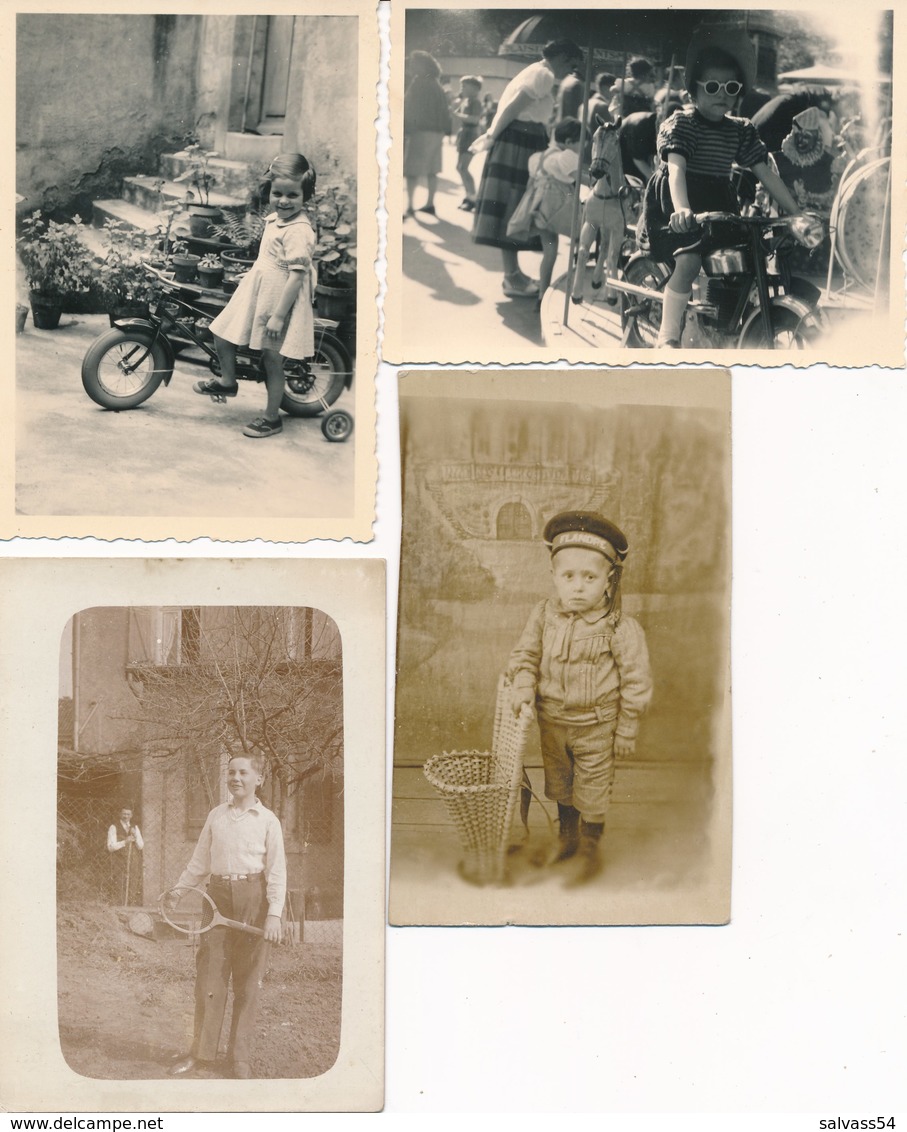 4 Photos : Portrait D'enfants Avec Jouet, Tricycle - Manège De Foire - Panier - Raquette De Tennis - Personnes Anonymes