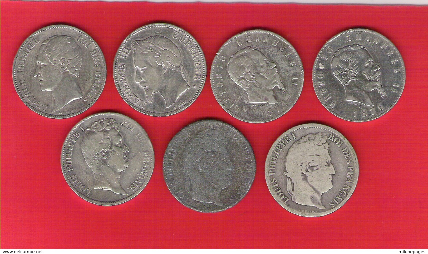 Lot De 7 Pièces 5 Francs Argent Napoléon III Léopold Louis-Philippe Vitorio-Emanuele 165 Gr. - Autres & Non Classés