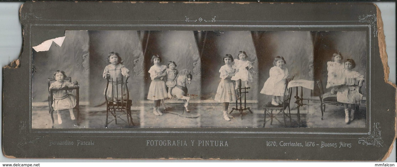 PHOTO FILME STRIP - SURREALISME Joli Filles Avec Cheval En Bois - Cabinet Photo 1910's By Bernardino Pascale - Personnes Anonymes