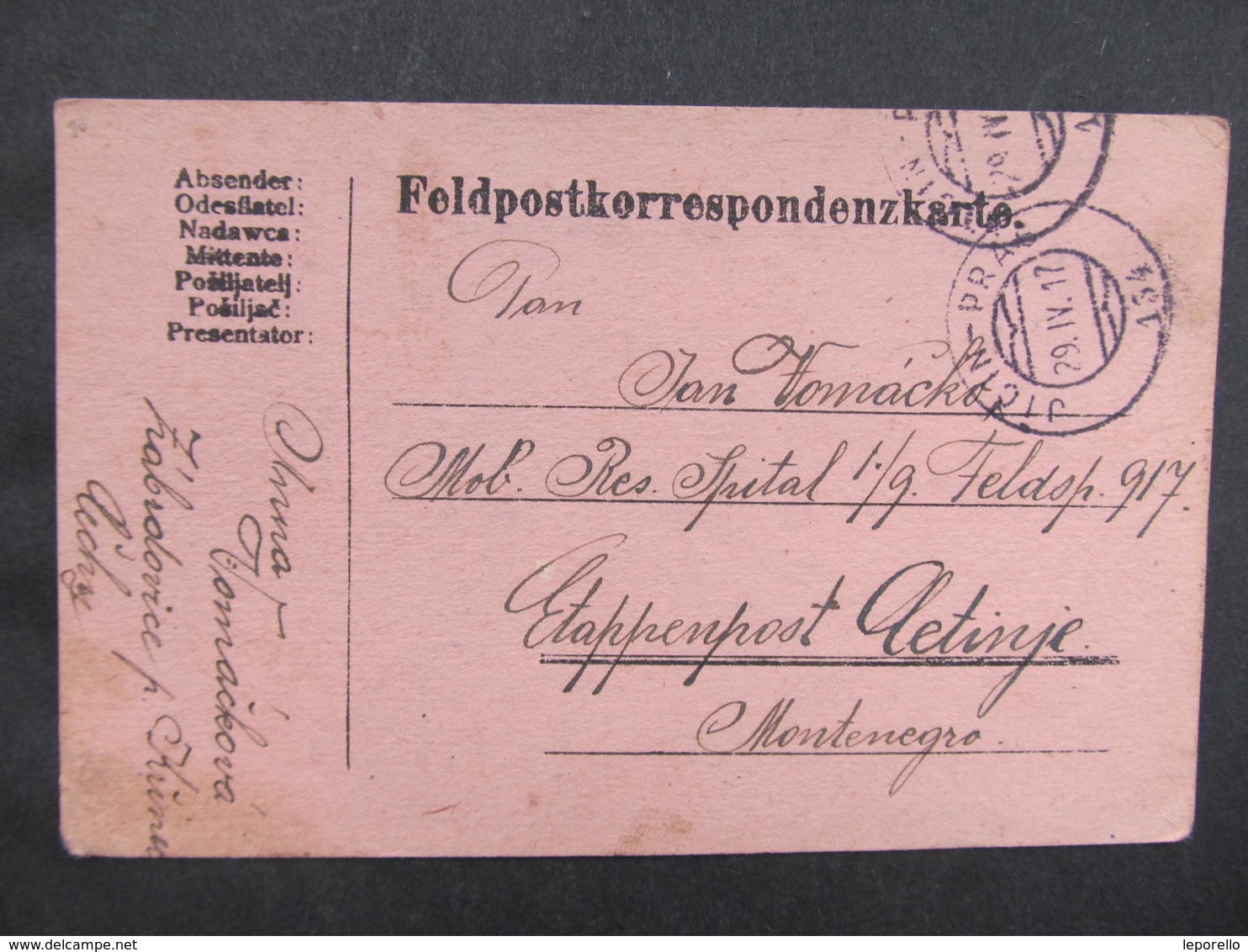Feldpost Korrespondenzkarte Bahnpost Zugstempel Jicin - Pragnr.134  1917 Zaabrdovice Krinec - Cetinje  ///  D*36998 - Lettres & Documents