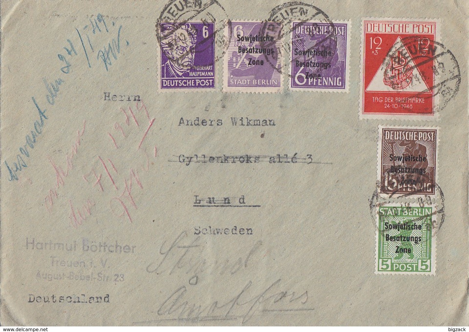 SBZ R-Brief Mif Minr.183,187,200,201,213,228 Treuen 27.12.48 Gel. Nach Schweden - Sonstige & Ohne Zuordnung