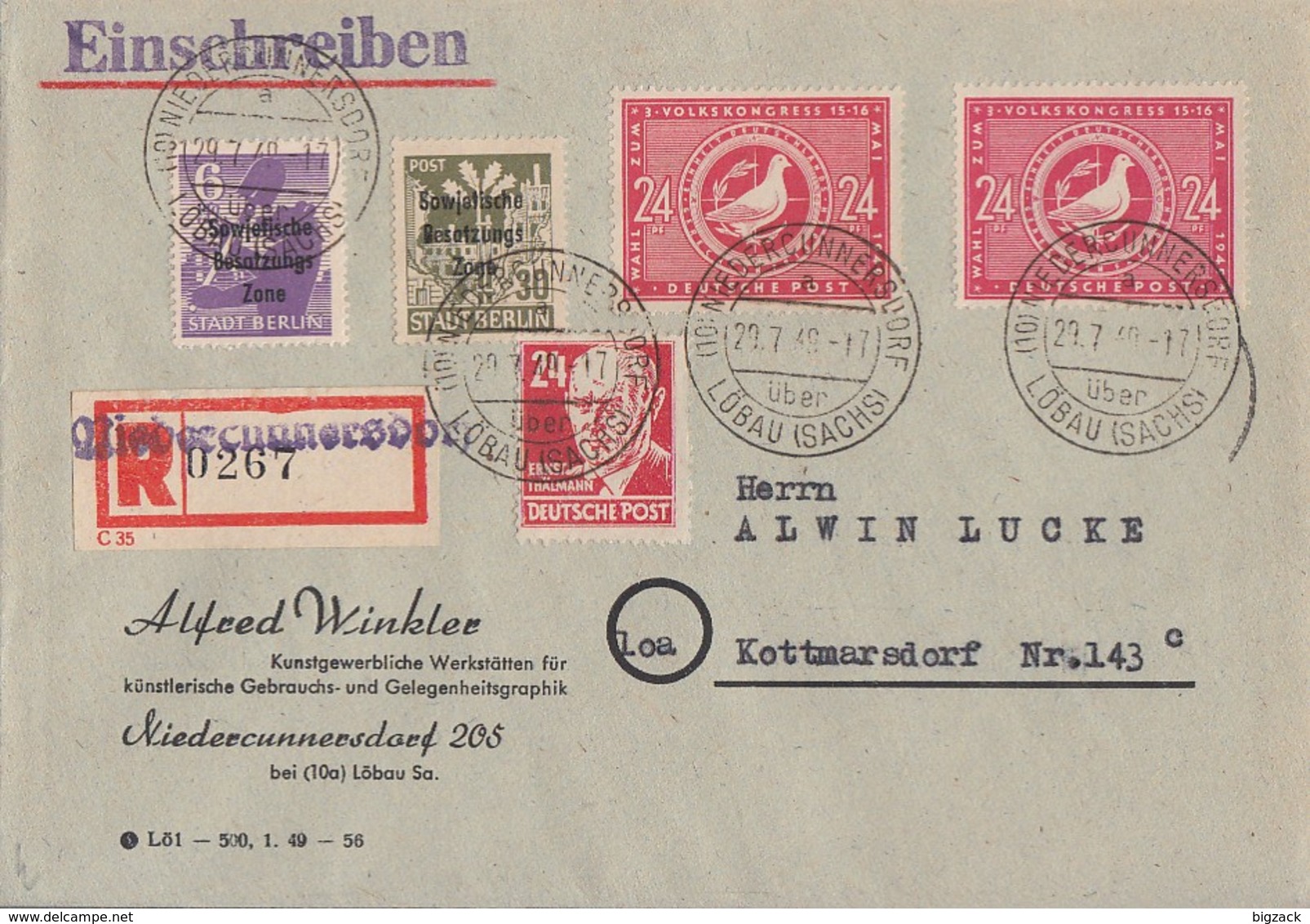 SBZ R-Brief Mif Minr.201,206,220,2x 232 Niedercunnersdorf 29.7.48 - Autres & Non Classés