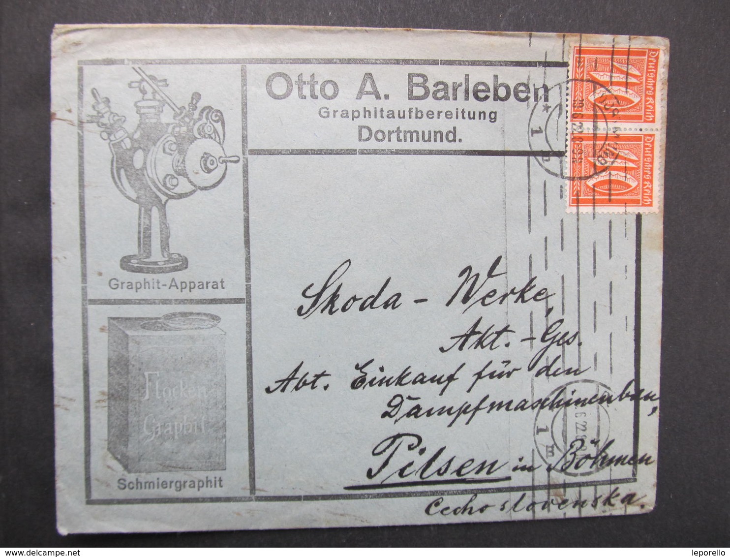 BRIEF Dortmund - Plzen 1922 2x40 Pfg MeF Otto A. Barleben Graphit ///  D*37012 - Storia Postale