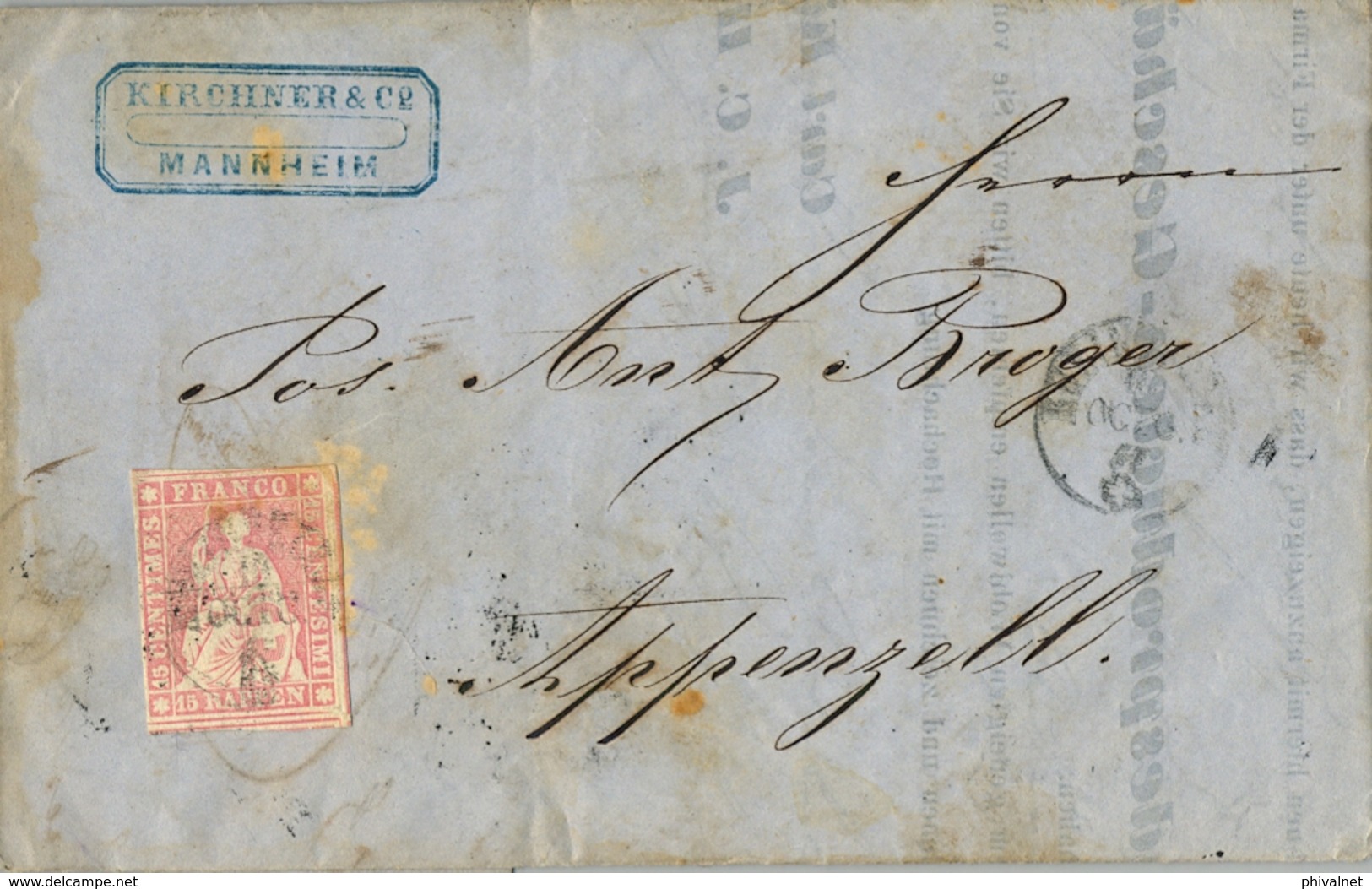 1857 , SUIZA , MANNHEIM - APPENZELL , CARTA COMPLETA , FR. 15 RAPPEN HELVETIA S/D, TRÁNSITOS ST. GALLEN , ZÜRICH , LLEG. - Brieven En Documenten