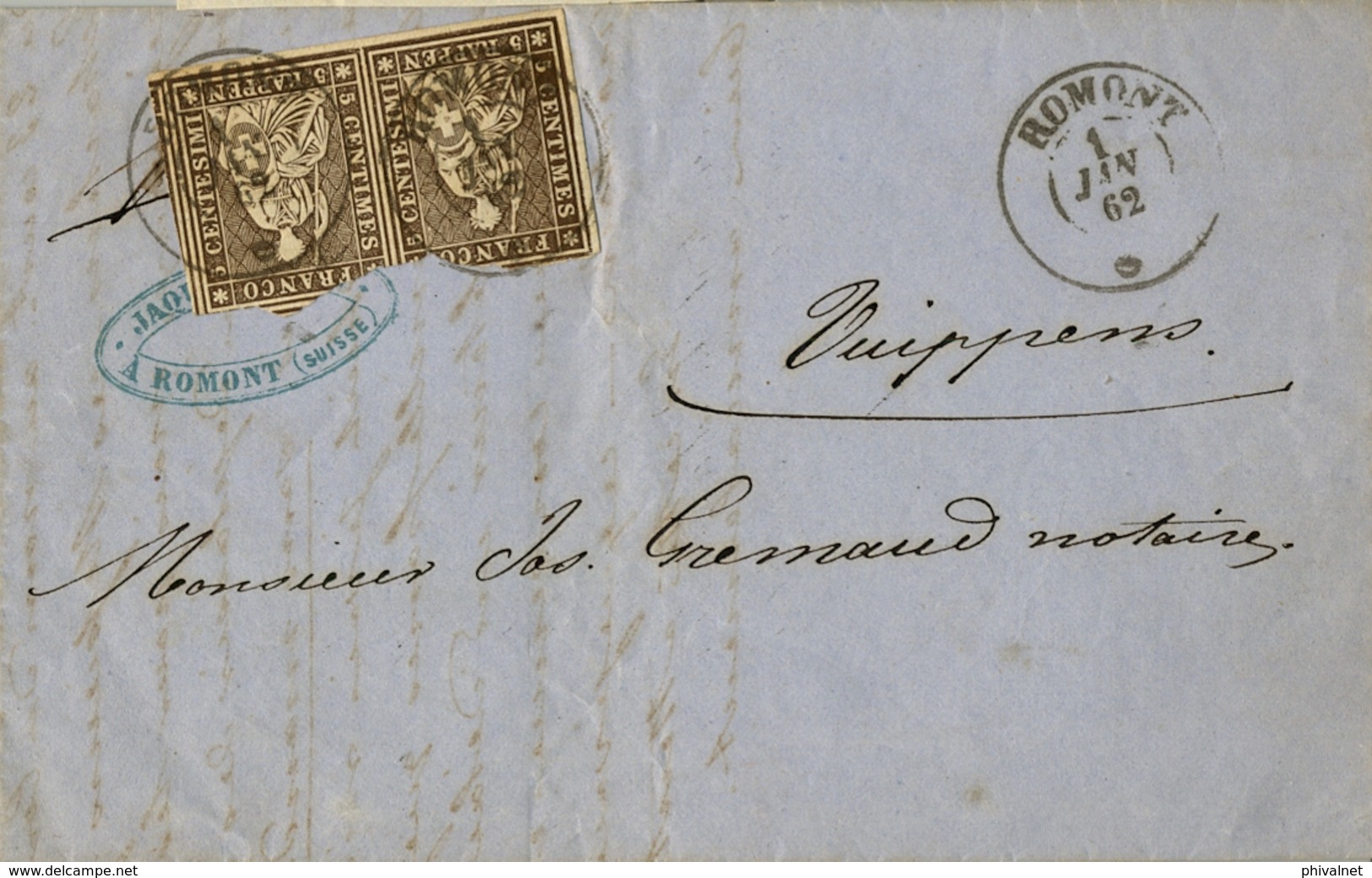 1 / ENERO / 1862 , SUIZA , CARTA CIRCULADA , ROMONT - VUIPPENS , PAREJA DE 5 RAPPEN ( DEFECTOS ) , - Briefe U. Dokumente