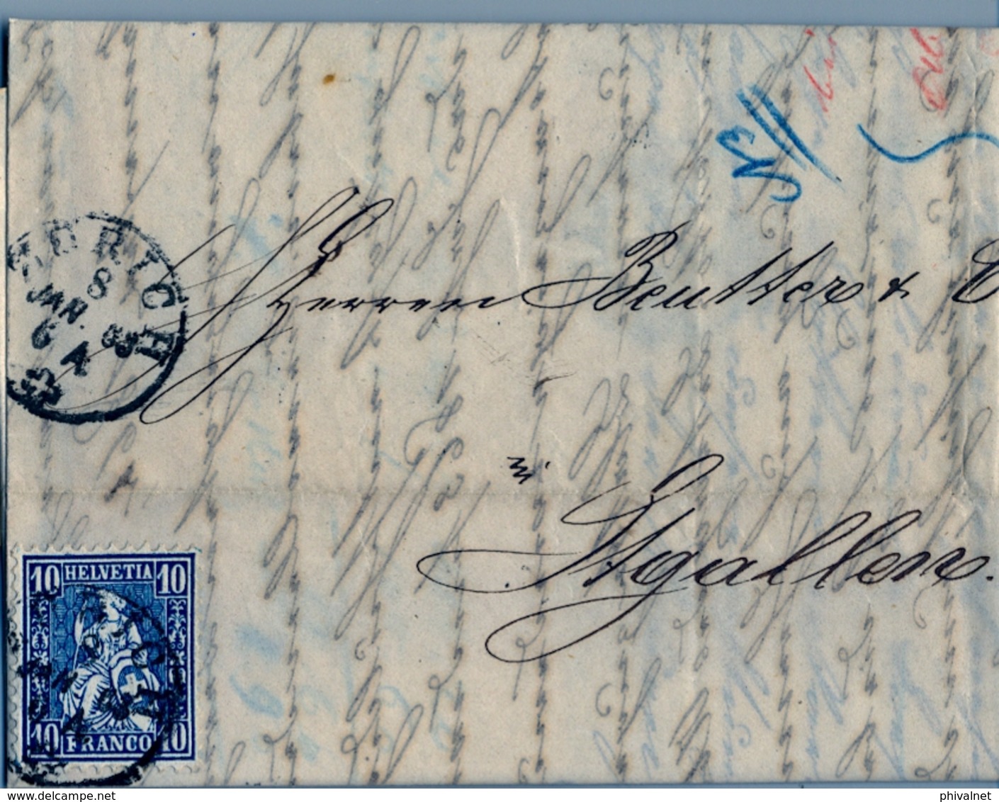 1863 , SUIZA , CARTA CIRCULADA , ZÜRICH - ST. GALLEN  , YV. 36 HELVETIA 10 C. AZUL , LLEGADA - Lettres & Documents