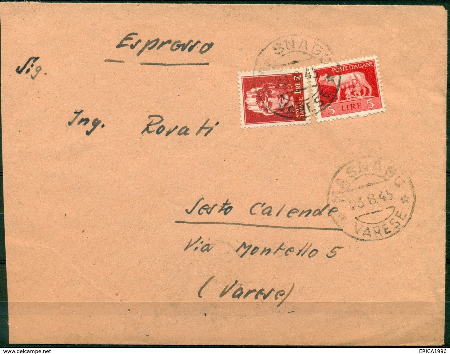 V8194 ITALIA 1945 LUOGOTENENZA Lettera Espresso Affrancata Con Imperiale 2 L.+ 5 L.,da Masnago 23.8.45 Per Sesto Calende - Storia Postale