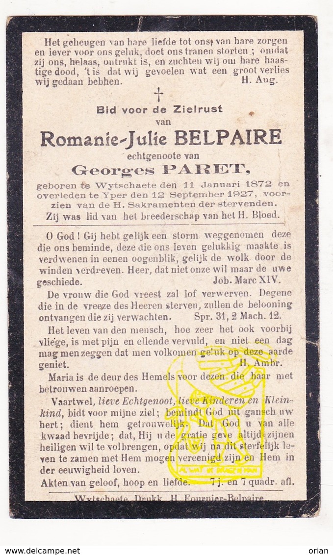 DP Romanie J. Belpaire ° Wijtschate Heuvelland 1872 † Ieper 1927 X Georges Paret - Images Religieuses