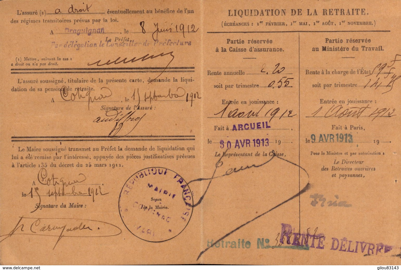Var, Carte D Identite Retraites Ouvrieres, Cotignac, 1912        (bon Etat) - Autres & Non Classés