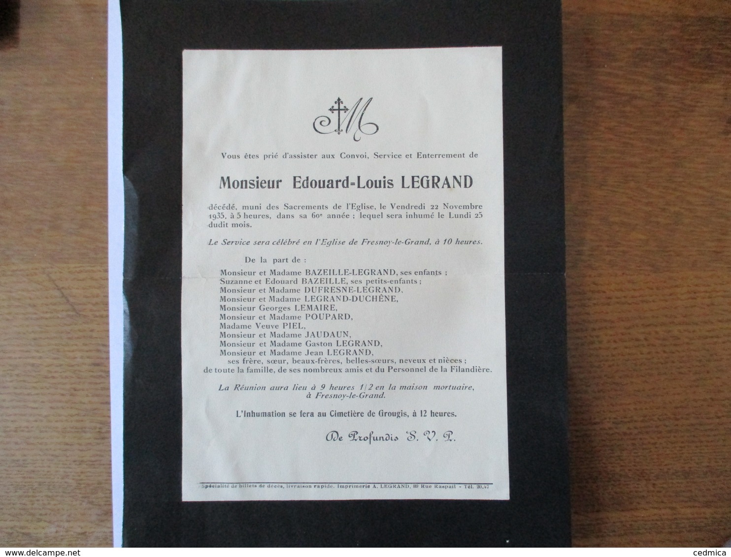 MONSIEUR EDOUARD-LOUIS LEGRAND DECEDE LE VENDREDI 22 NOVEMBRE 1935 DANS SA 60e ANNEE SERVICE CELEBRE A FRESNOY LE GRAND - Décès