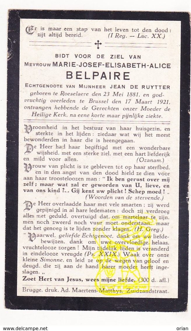 DP Marie J. Belpaire ° Roeselare 1881 † Brussel 1921 X Jean De Ruytter - Images Religieuses