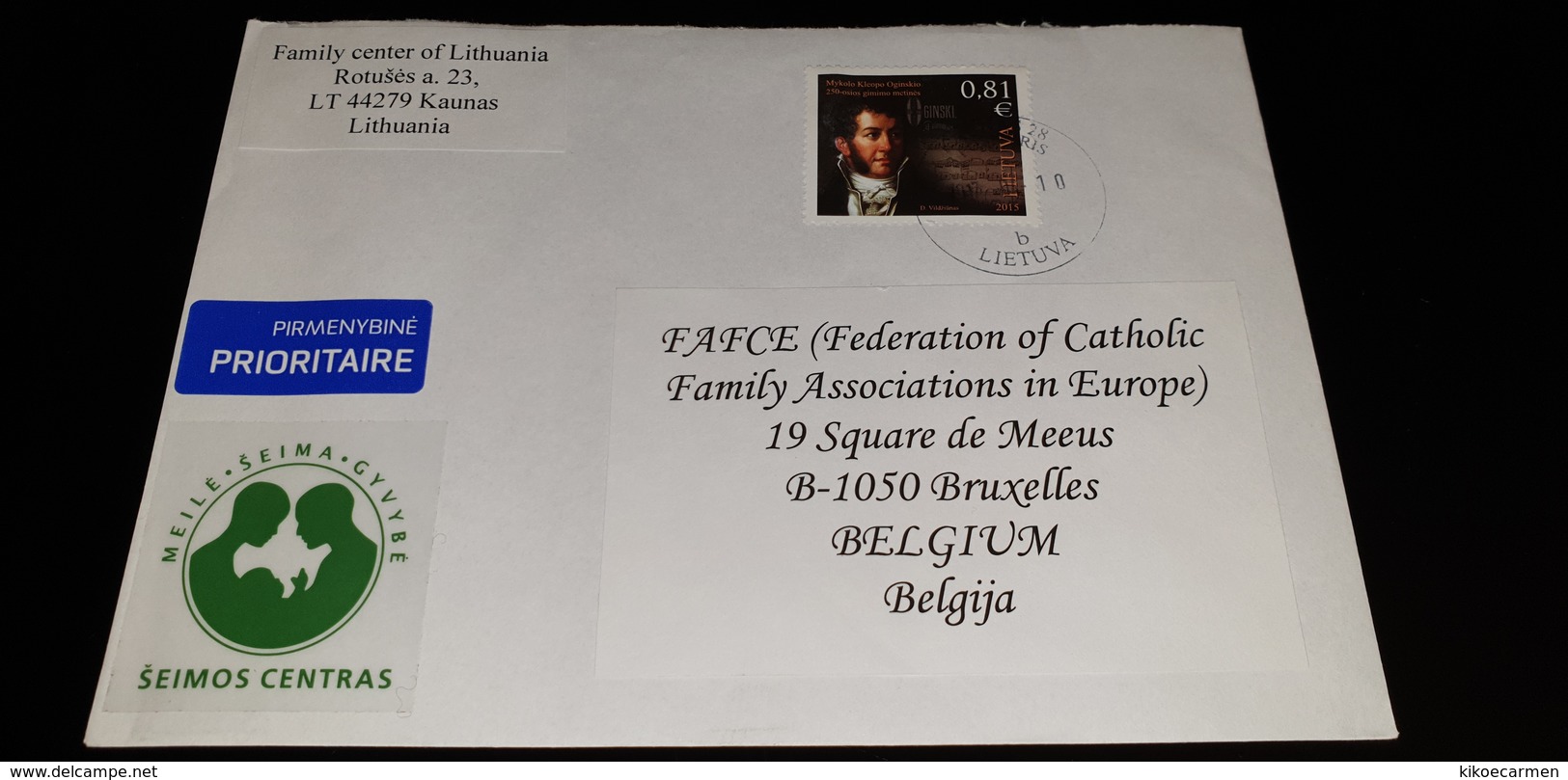 Isolated LIETUVA 2015 2016 2017 Letter To Belgium Europe Used On Cover FAMILY NATIONAL CENTRE - Lithuania