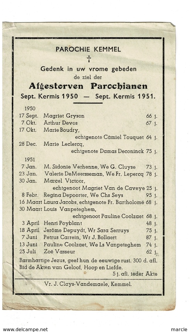 Kemmel September 1950 Augustus 1951 Gedachtenis Overleden Parochianen - Décès