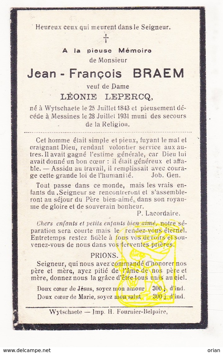 DP Jean F. Braem ° Wijtschate Heuvelland 1843 † Messines Mesen 1931 X Léonie Lepercq - Images Religieuses