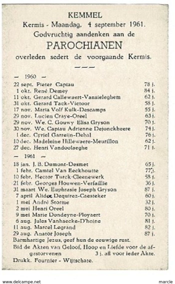 Kemmel September 1960 Augustus 1961 Gedachtenis Overleden Parochianen - Décès