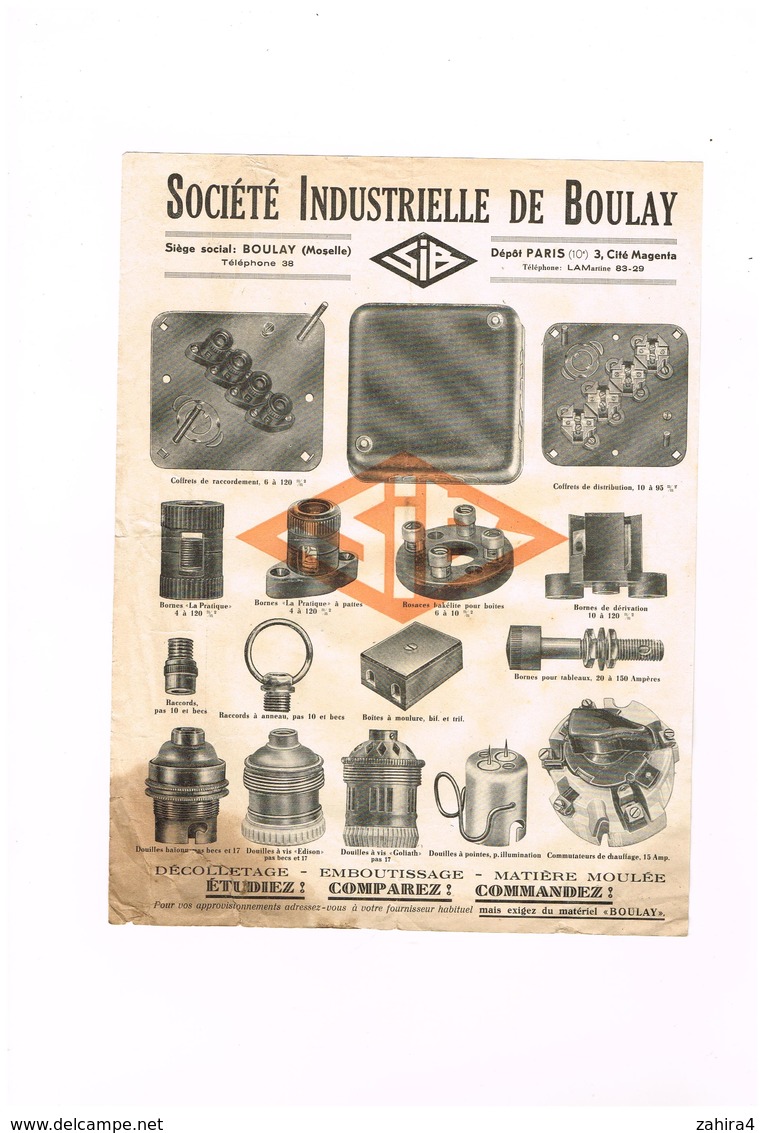 Société Industrielle De Bouley SIB Bouley Moselle - Paris - Coffret Borne Rosace Boite Raccord Douille... - Publicités