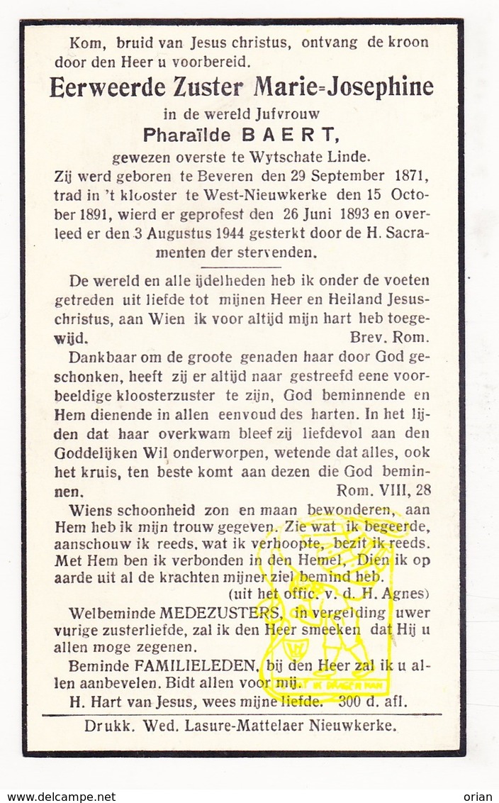 DP EZ Pharaïlde Baert - Moeder Overste Wijtschate Linde Zr. M. Josephine ° Beveren 1871 † Klooster West-Nieuwkerke 1944 - Images Religieuses