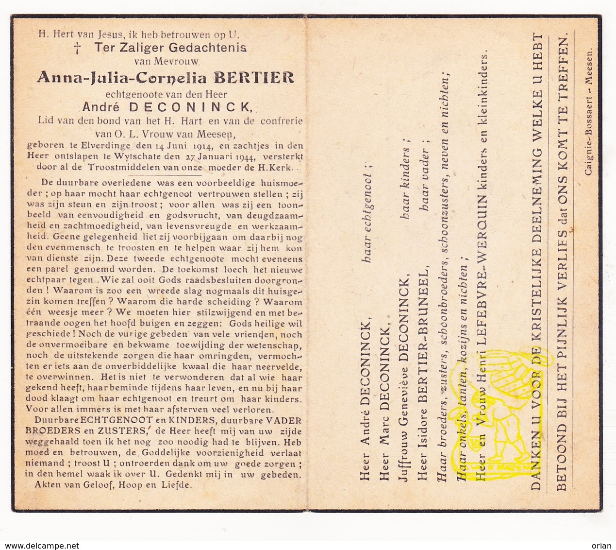 DP Anna J. Bertier 29j. ° Elverdinge Ieper 1914 † Wijtschate Heuvelland 1944 X A. DeConinck / Bruneel Lefebvre Werquin - Images Religieuses