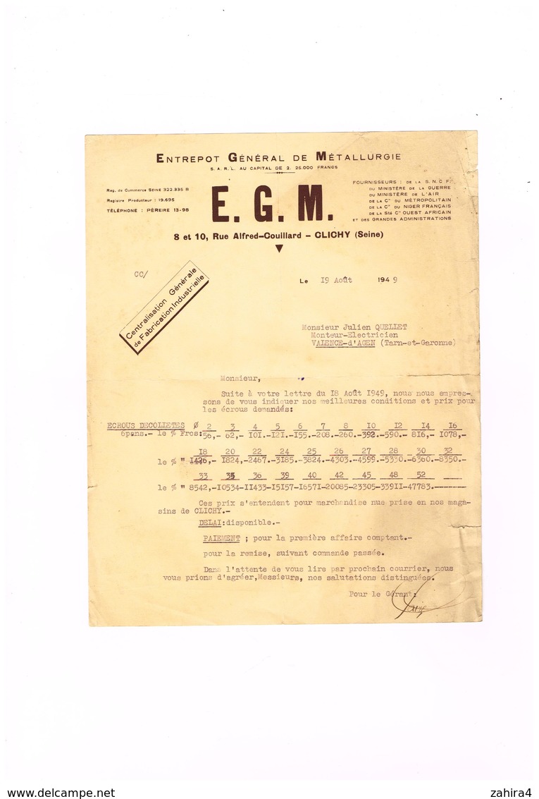 Entrepot Général De Métallurgie E.G.M. Clichy Seine Centralisationgénérale De Fabrication Industrielle Courrier : écrous - Publicités