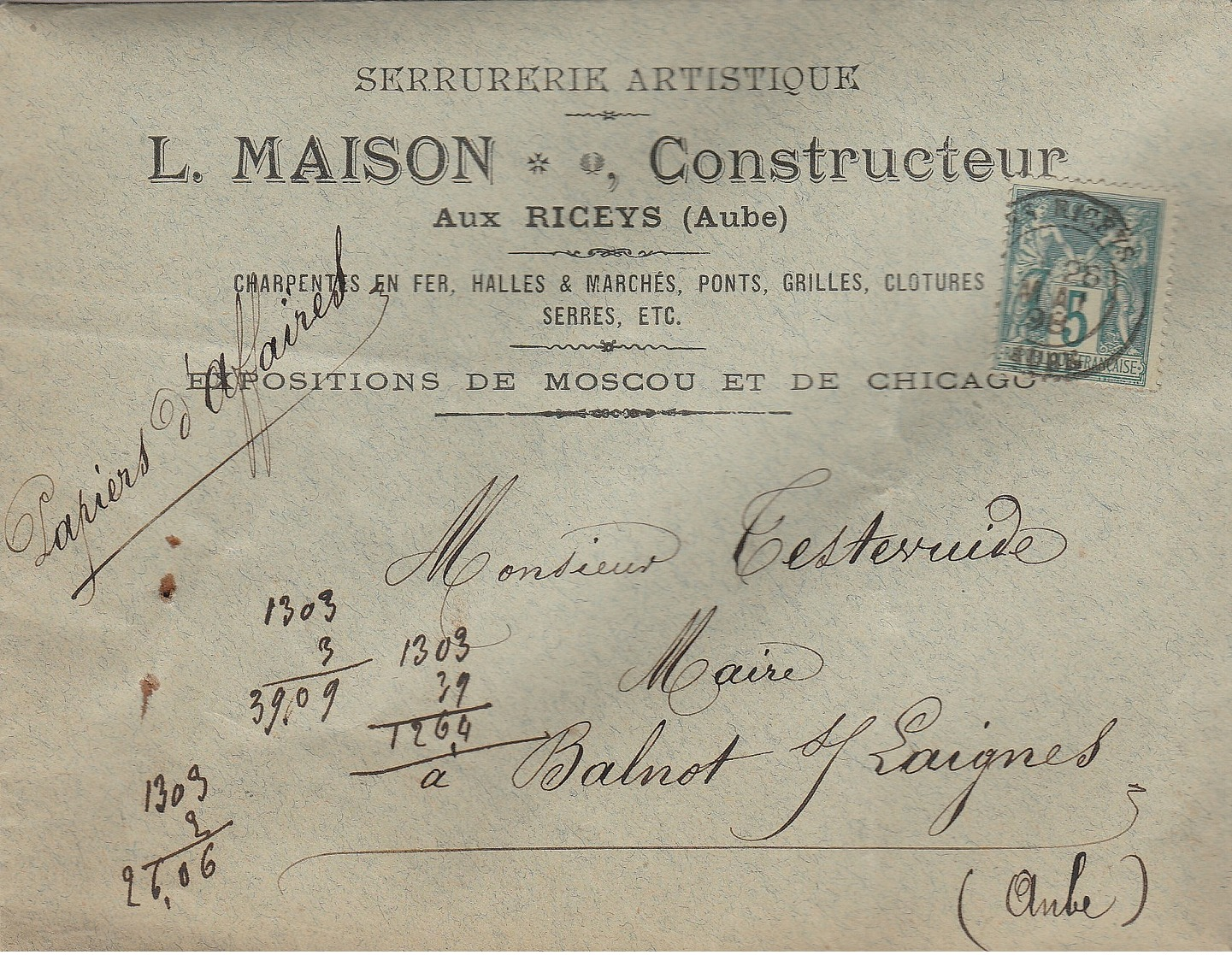 LSC 1898 - Serrurerie Artistique - L.MAISON ,Constructeur Aux RICEYS (AUBE) - Type Sage 5c - 1877-1920: Periodo Semi Moderno