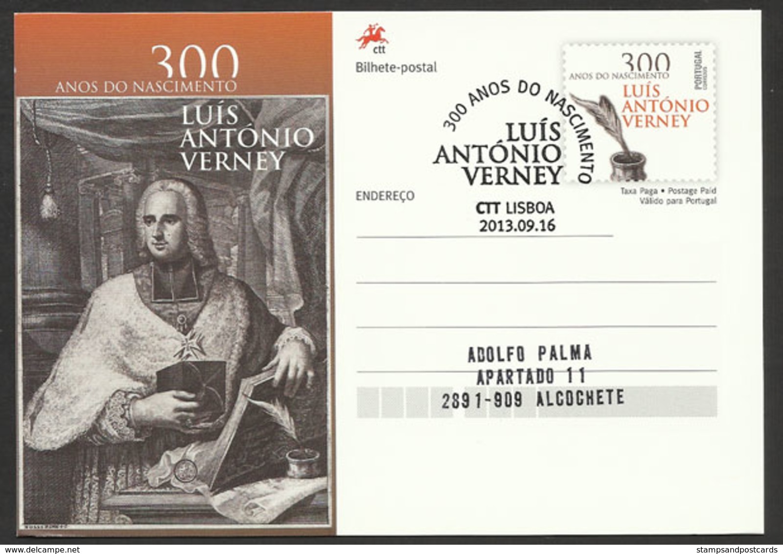 Portugal Entier Postal 2013 Illuministe Luis António Verney Philosophe Théologien Cachet Premier Jour Postal Stationery - Entiers Postaux