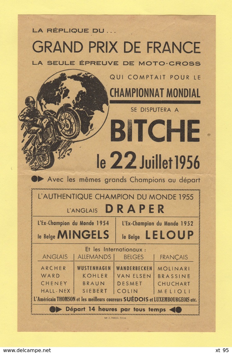 Tract Publicitaire - Moto Cross - Grand Prix De France - Bitche - 22 Juillet 1956 - Publicités