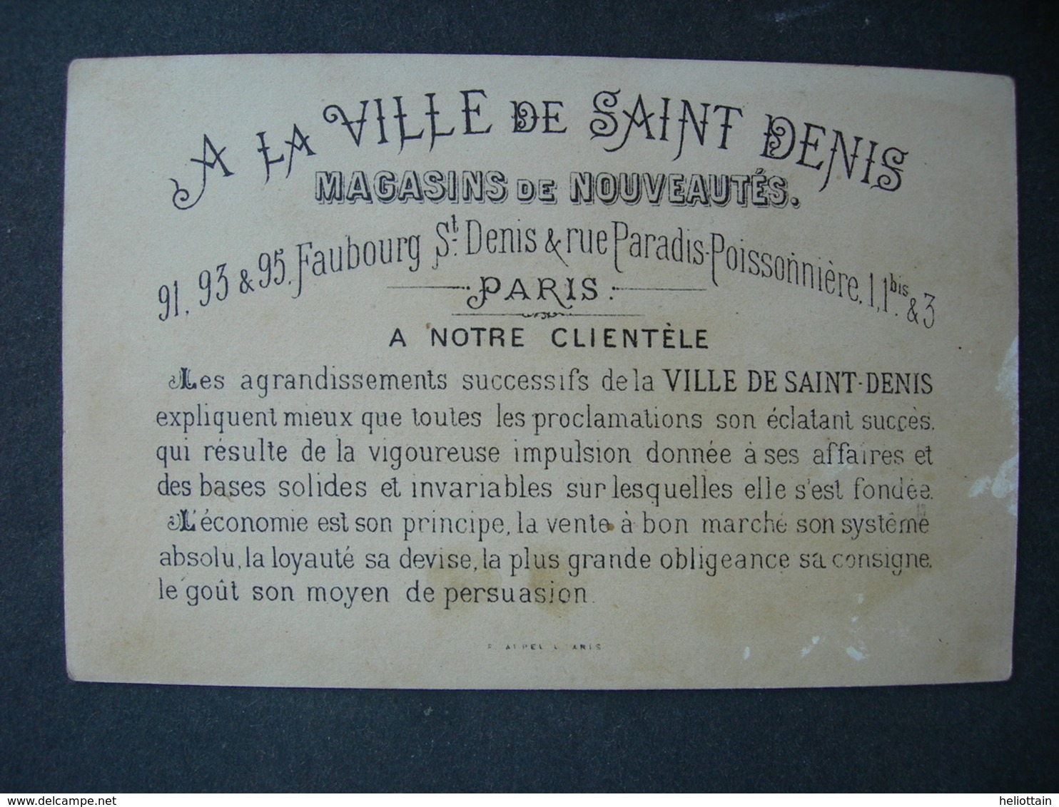 CHROMO Lith F Appel : A LA VILLE DE SAINT DENIS / LA BOUTEILLE A L'ENCRE / Victorian Trade Card - Autres & Non Classés