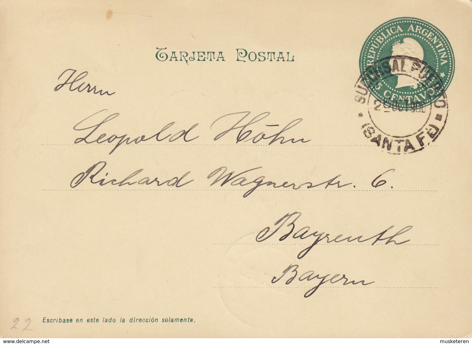 Argentina Postal Stationery Ganzsache Entier AL GRAN PUEBLO BRASILENO SALUD, SANTA FE 1900 BAYREUTH Germany (2 Scans) - Enteros Postales