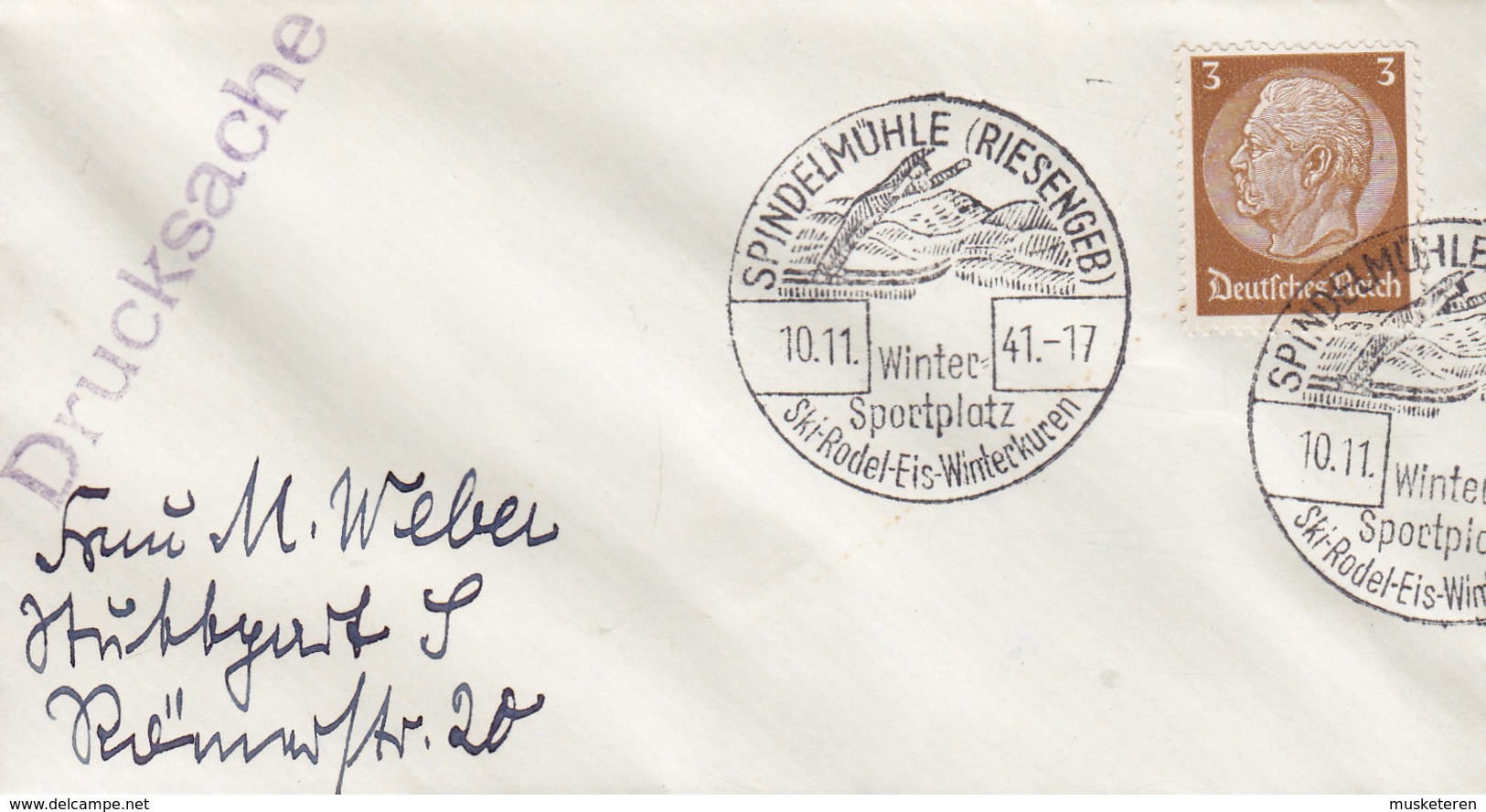 Germany Deutsches Reich Sonderstempel Wintersportplatz Ski Eis SPINDELMÜHLE (Riesengeb) 'Petite' Cover Brief Drucksache - Storia Postale