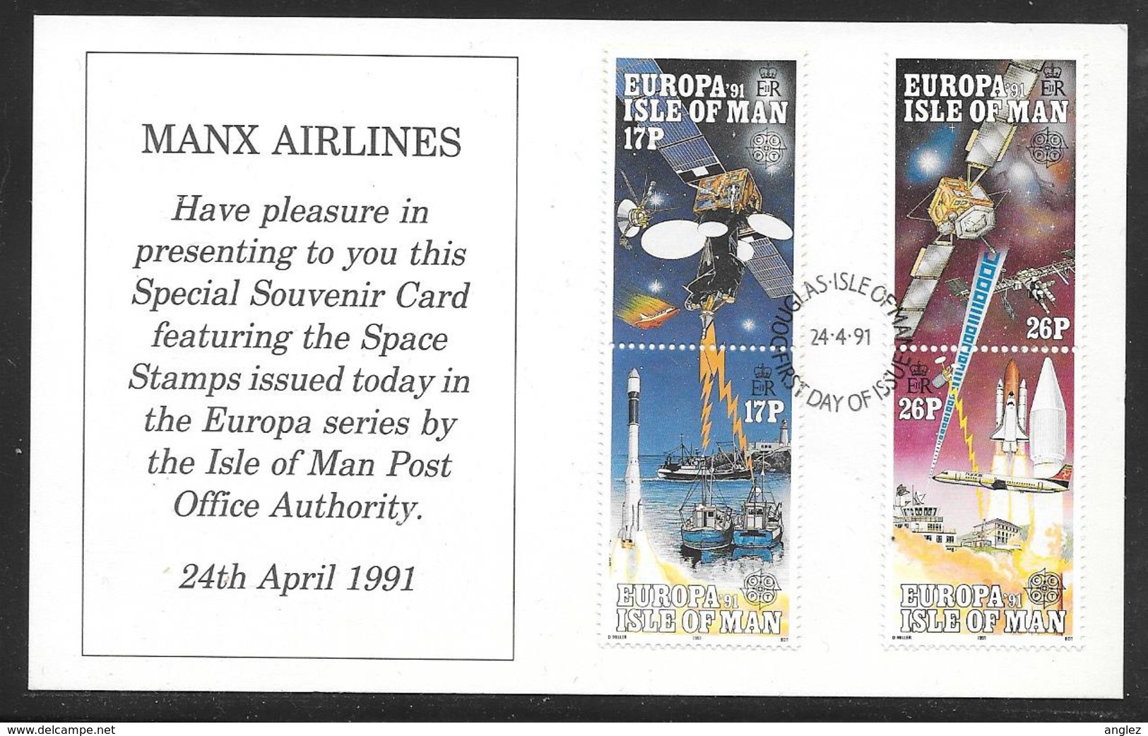 Isle Of Man - 1991 Europa Space Stamps - Manx Airlines Souvenir Card FDI - Man (Eiland)