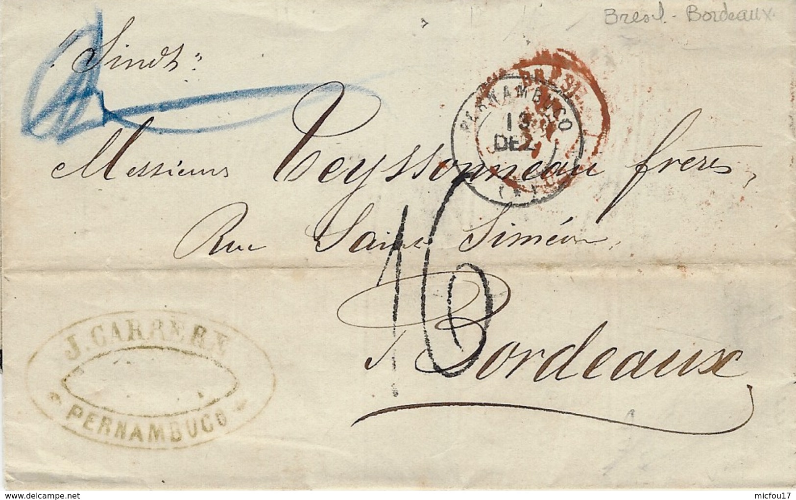 1871- Lettre De PERNAMBUCO ( Brésil ) Pour Bordeaux Entrée Brésil / Bordeaux Rouge  Taxe 16 D - Steamer En Haut à Gauche - Briefe U. Dokumente