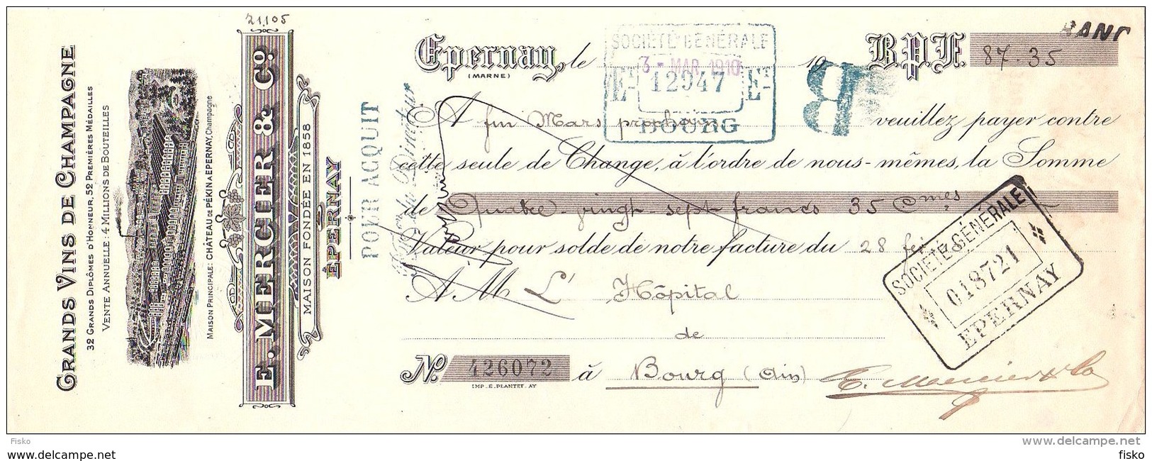 MERCIER   Grands Vins De Champagne   EPERNAY  51          1910 - Bills Of Exchange