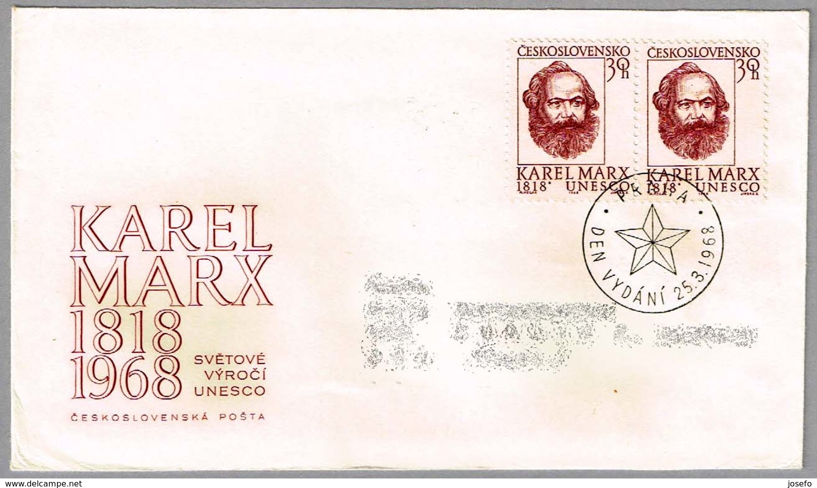 150 Años Nacimiento De KARL MARX. SPD/FDC Praha 1968 - Karl Marx