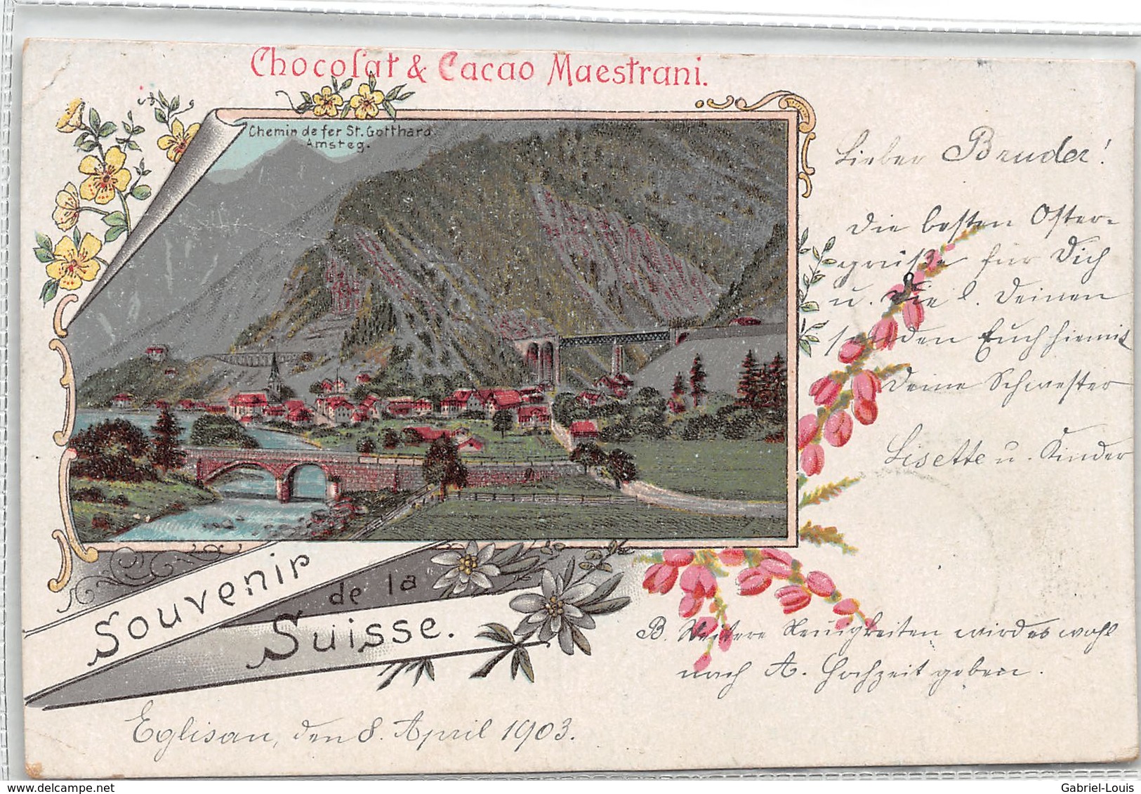 Souvenir De La Suisse Chocolat Cacao Maestrani - Amsteg - Chemin De Fer St. Gotthard - Litho - Sonstige & Ohne Zuordnung