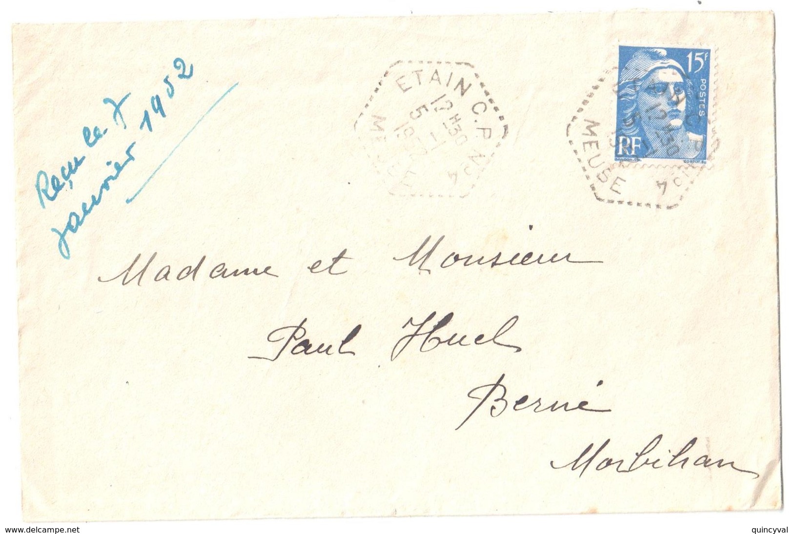 ETAIN CP N°4 Lettre St Jean Les Buzy Meuse 15F Gandon Bleu Yv 886 Ob Hexa Pointillé 1952 Correspondant Postal Lautier G7 - Briefe U. Dokumente