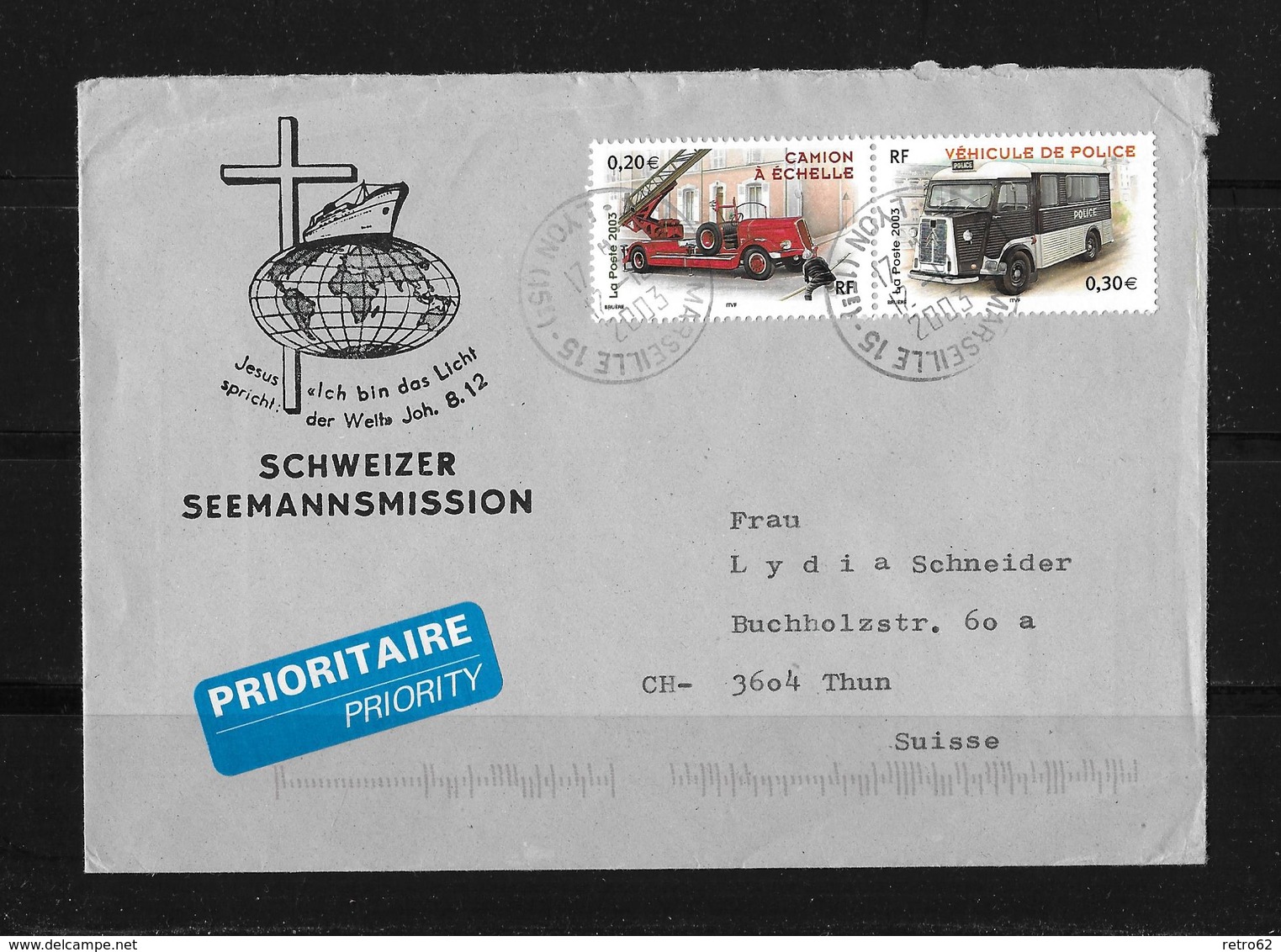 2003 Frankreich →  "Schweizer Seemannsmission" Lettre Marseille à Thun/Suisse - Lettres & Documents