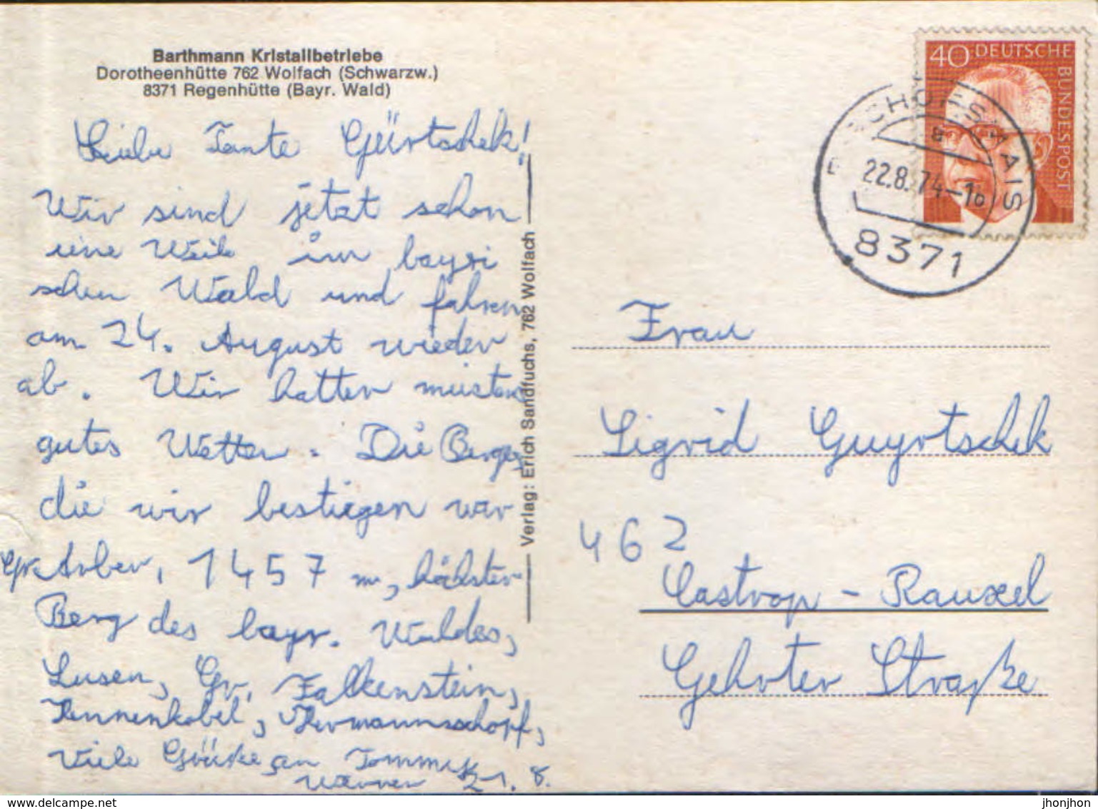 Germany - Postcard Circulated In 1974 - Wolfach - Barthmann Crystal Holdings   - 2/scans - Wolfach