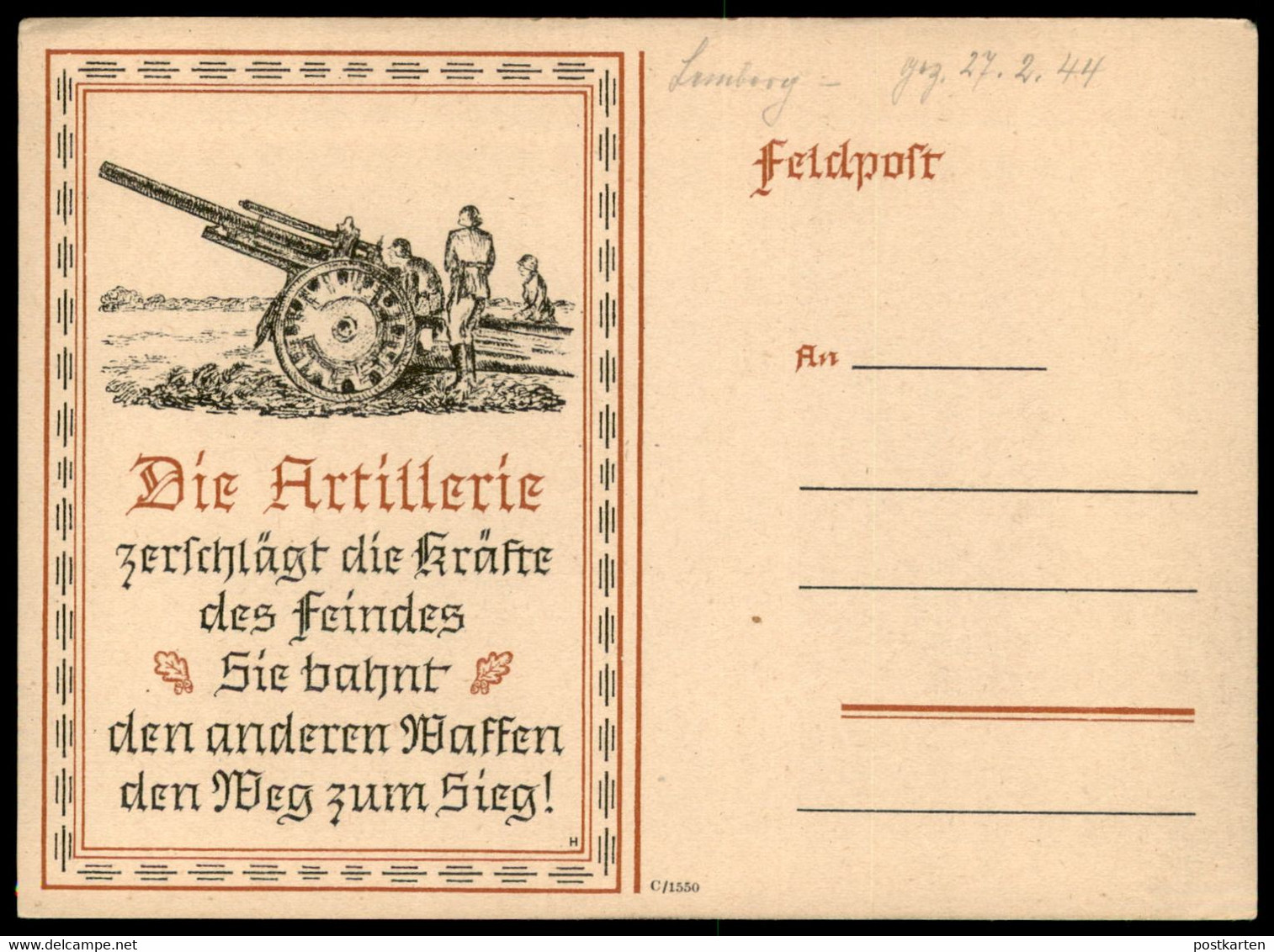 ALTE KÜNSTLER POSTKARTE ORIGINAL-ZEICHNUNG WINTER GEZ. 27.02.1944 LEMBERG LWIW DIE ARTILLERIE ZERSCHLÄGT... WWII - War 1939-45