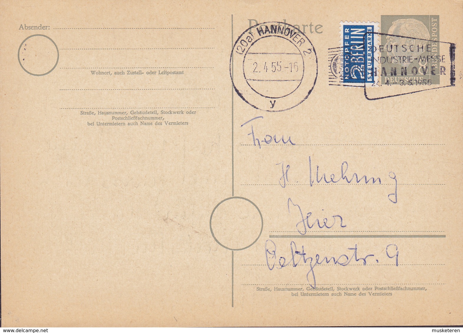 Germany Bundespost Postal Stationery Ganzsache Heuss Slogan Flamme  'Industrie Messe' HANNOVER 1955 NOTPFER Steuermarke - Postkarten - Gebraucht